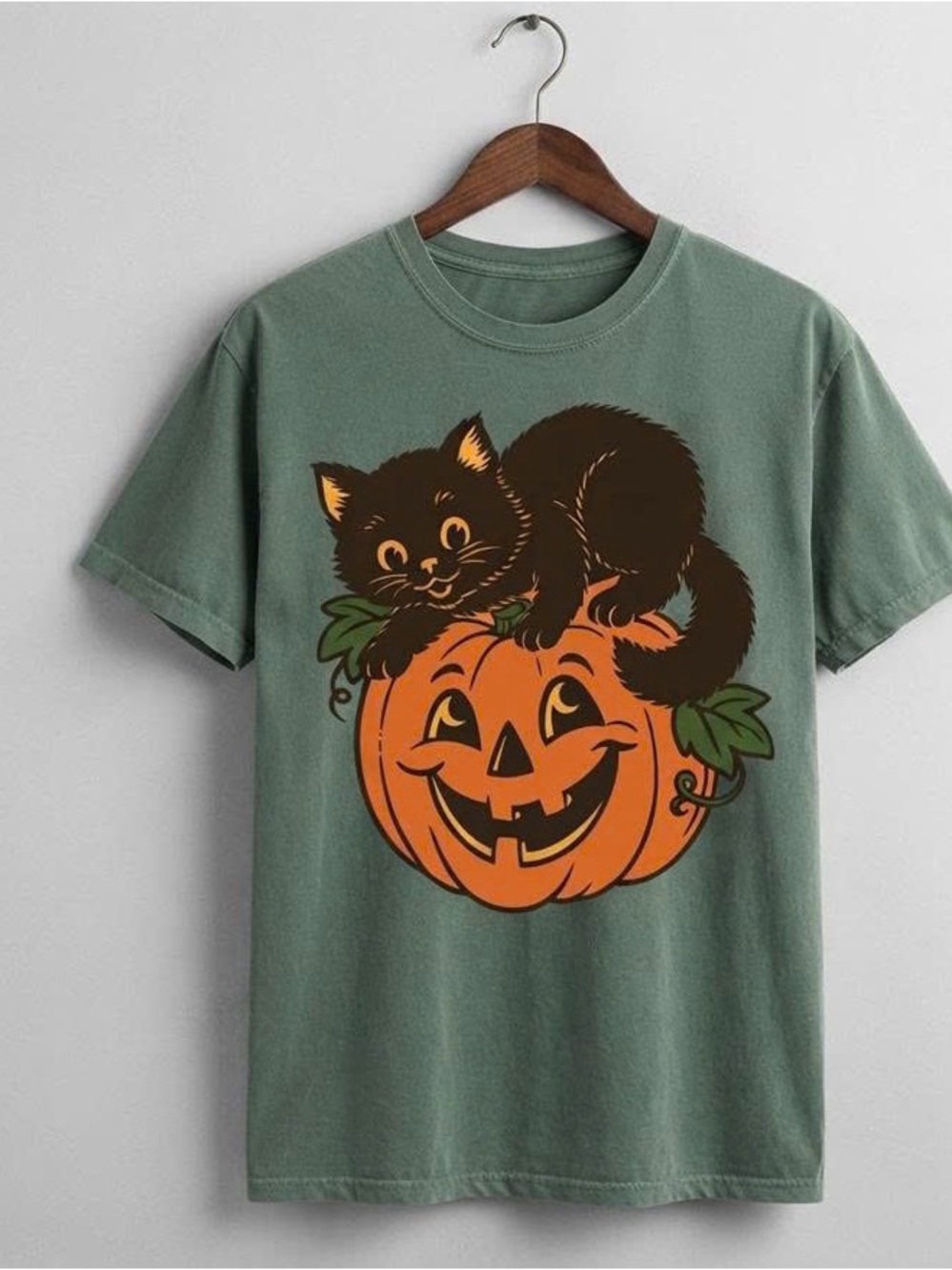 Green Short Sleeve Tee with Black Cat & Orange Pumpkin Graphic